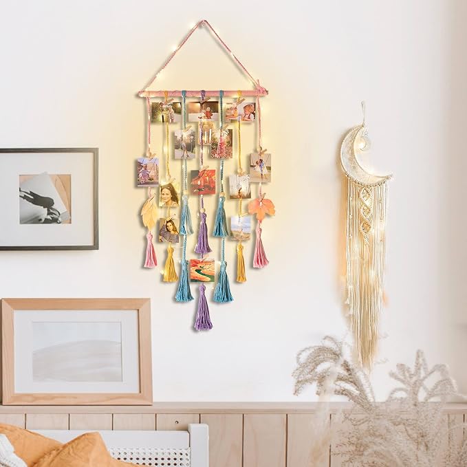 Gifts for Teenage Girls, Hanging Photo Display & Moon Dream Catchers, Christmas Teen Girls Gifts Ideas Ages 10 11 12 13 14 Years Old, Macrame Wall Decor Boho Bedroom Dorm Aesthetic Room Decor