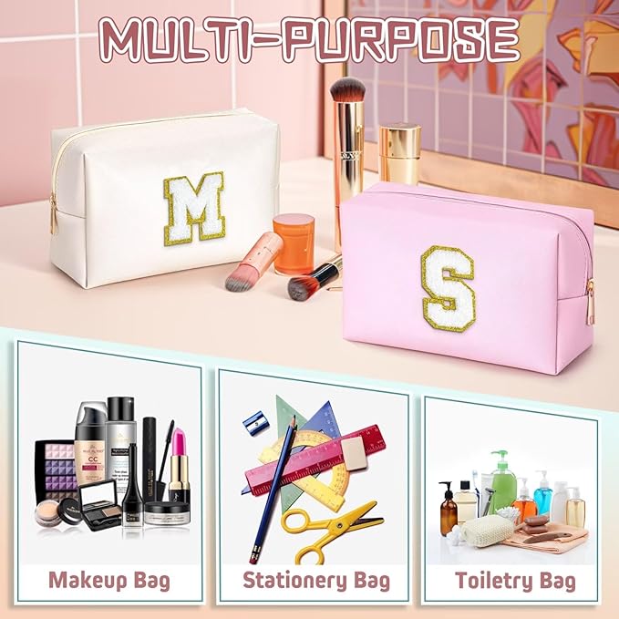 TOPEAST Monogrammed Gifts for Women, Preppy Makeup Bag Small Cosmetic Bag Travel Toiletry Bag, Personalized Birthday Gift for Girl, Wedding Bridal Shower Gifts for Bridesmaids (White M)