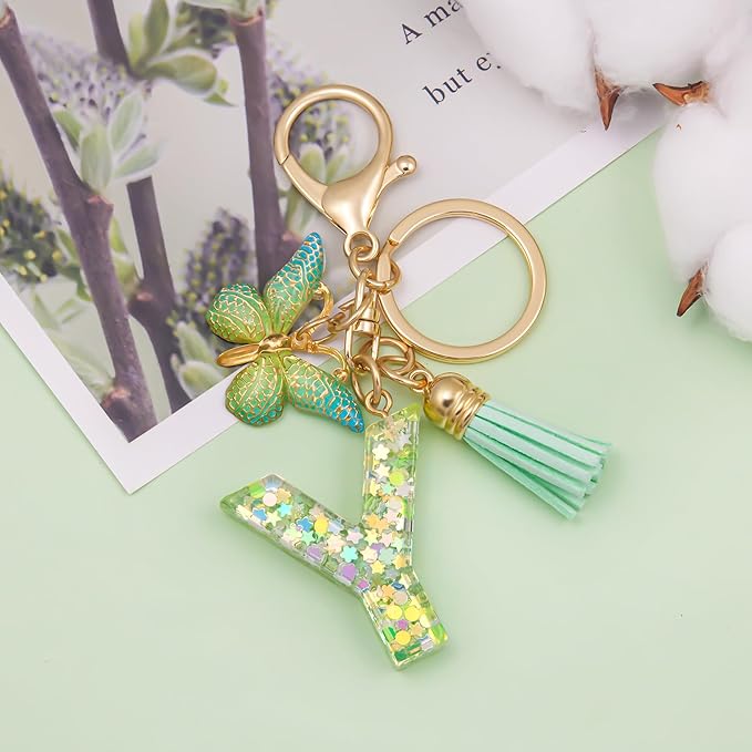 Fashion Alphabet Initial Letter Keychain Tassel Butterfly Pendant Key Ring for Purse Handbags Women Girl