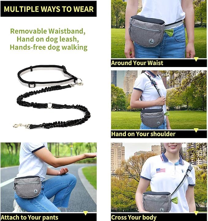 Pet Dog Treat Pouch Waist Bag, Auto Closing Waterproof Oxford Adjustable Training Belt Bags with Poop Bag Dispenser + Dog Collapsible Bowl for Dog Cat Running, Walking, Feeding (Blue)