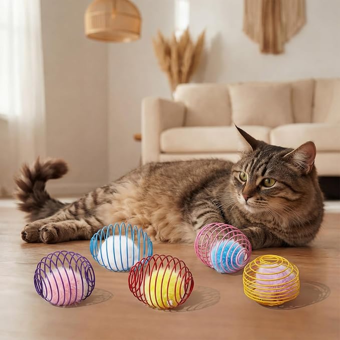 Jecery 5 Pcs Cat Toys Spring,Pom-pom with Bell,Multicolor