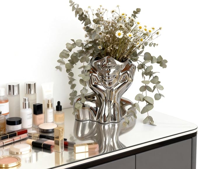 Silver Ceramic Human Face Vase, Shy Posture Decorative Human-Shaped Vase Modern Silver Decorative Art Vases