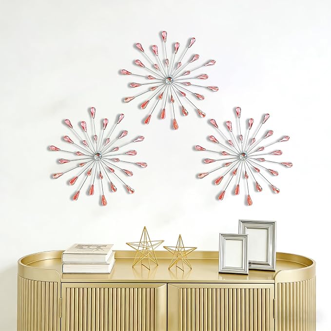 ZEXUIRU 3 Set Silver Starburst Wall Art for Home Decor Metal Bling Crystal Rhinestones Sunburst Wall Decor Sparkling Rhinestone Art Accent Silver - 13in