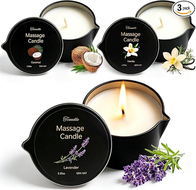 3 Pack Low Temperature Massage Candle Set，Moisturising Body Oil Candles for Stress Relief Massage Therapy and Home SPA,Natural Soy Wax Blend with Lavender,Vanilla & Coconut,2.35 oz Each