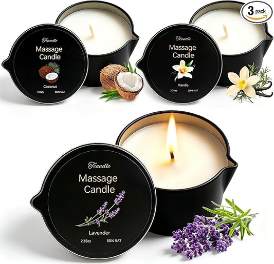 3 Pack Low Temperature Massage Candle Set，Moisturising Body Oil Candles for Stress Relief Massage Therapy and Home SPA,Natural Soy Wax Blend with Lavender,Vanilla & Coconut,2.35 oz Each