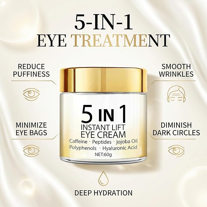 Grospe 5 in 1 Eye Cream for Dark Circles & Puffiness, Anti Aging Instant Lifting Under Eye Cream for Bags, Wrinkles & Fine Lines Firming Eye Treatment with Caffeine Hyaluronic Acid Hydrating, 2.1Oz