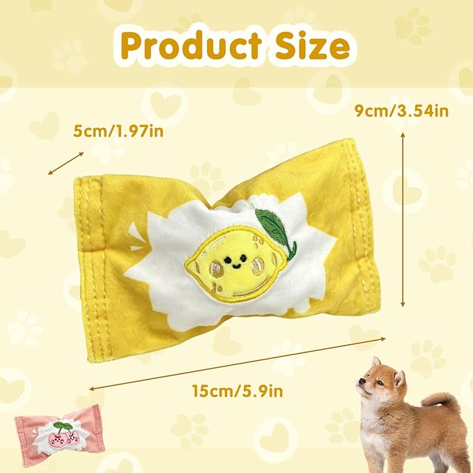 Andiker Squeaky Dog Toy, Cute Candy Shape Lemon Cherry Pattern Dog Chew Toy with Squeaky Spiky Ball and Crinkle Paper, Interactive Plush Dog Toy for Dogs Indoor Teething and Anxiety Relief (Yellow)