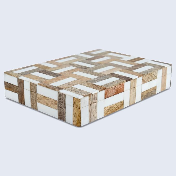 Handicrafts Home White Decorative Storage Box with Lid Wooden Desk Organizer Box Office Storage Box for Workspace Desk Decor Organizer – Resin Inlay Marquet Chase Collection - 6x8x1.5