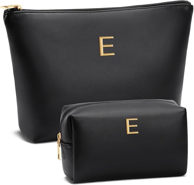Women Gifts | Initial Makeup Bag for Girl Personalized Gifts for Bridesmaid Friend PU Leather Cosmetic Travel Toiletry Bag(Black,E)