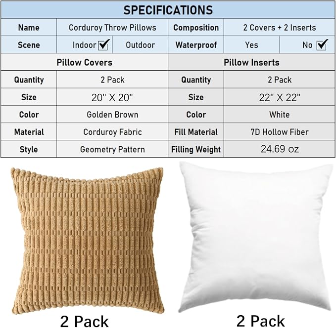 2 Pack Corduroy Decorative Throw Pillow with Inserts, 20x20 Inch Soft Boho Throw Pillow, Square Striped Throw Pillows for Couch, Bed, Sofa Decor (Golden Brown)