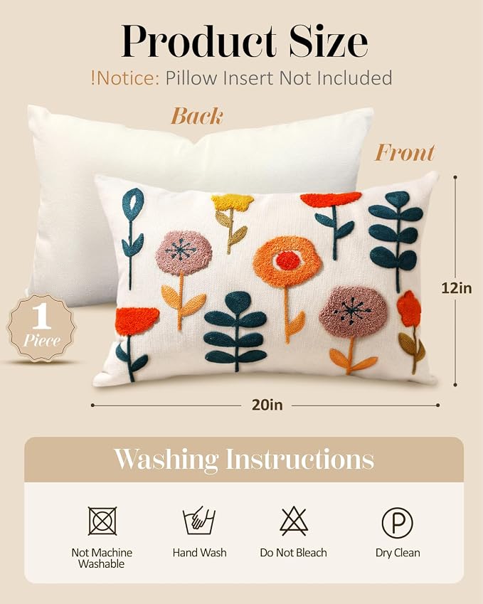 Embroidered Lumbar Pillow Cover - 20x12 Decorative Pillow Cover with Zipper Aesthetic Cute Design Boho Spring Summer Cozy Throw Pillowcase for Living Room Couch Sofa Bed, Plants