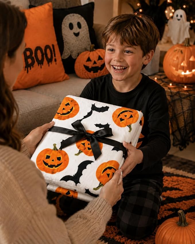Halloween Fleece Throw Blanket: Happy Jack O'Lantern Pumpkins and Black Bat Design on Soft Velvety Blanket for Sofa Bed Couch Chair Dorm, 50" x 60"