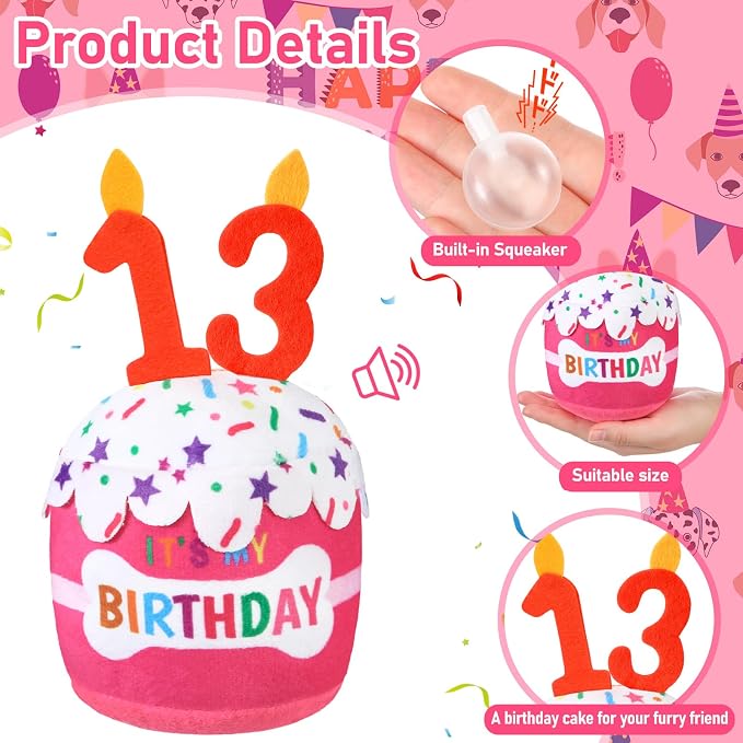 Dansydaisy Dog Birthday Cake Toy Squeaky Plush Gift,13th,Pink
