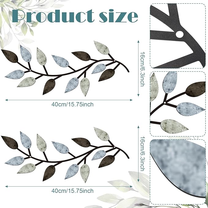 Zhengmy 2 Pcs Metal Leaf Wall Art Vine Branch Decor,Pastel Colors | Olive Branch Metal Decor for Living Room Hallway, Symmetrical Leaf Pair for Doorway Entryway, Lightweight Hanging Art Design