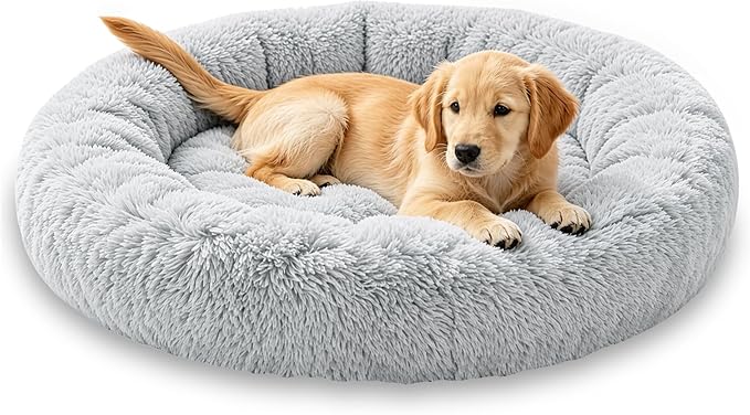 Calming Extra Large Donut Dog Bed, Anti-Anxiety Round Soft Fluffy Plush Faux Fur Washable Anti-Slip Pet Bed for Medium Dogs Up to 45 lbs 32in Gray