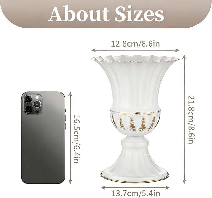 Sziqiqi White Metal Vase for Centerpiece, Table Flower Arrangements, 2Pcs | 9in Tall Compote Vase, Trumpet Urn Vase for Decoration, Planter Pot for Artificial Flower, For Reception, Home, Party Decor