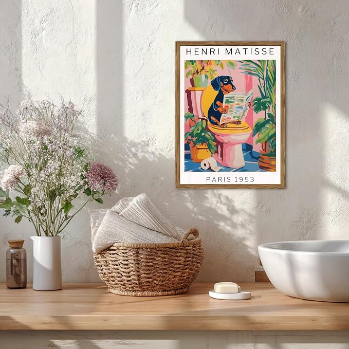 Funny Dachshund Bathroom Wall Art Henri Matisse Dog Bathroom Wall Decor Picture, Cute Puppy Animal Reading Newspaper in Toilet Poster Painting Canvas Print 16x24 inch Wood Framed