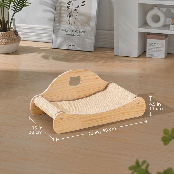Avont Sisal Cat Scratcher Bed for Indoor Cats, Solid Wood Scratching Lounge | No-Mess Horizontal Scratcher -Large