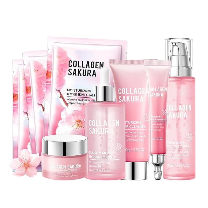 Sakura Skin Care Set,Moisturizing Skincare Kit with Face Cleanser,Facial Serum,Toner,Eye Cream,Face Cream and Hydrating Face Masks,Long-lasting Nourishing Skincare Set Facial Kit for Women（8pcs）