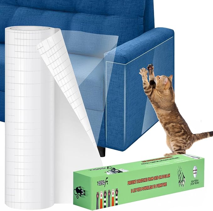 TOOSOFt Anti Cat Scratch Furniture Protector Clear Vinyl 196.9"x16.5" | Couch Protector from Cat Claws Thicken - Single Sided Sticky Flexible Dog Tape for Furniture, for Couch Corner Door Walls Bed
