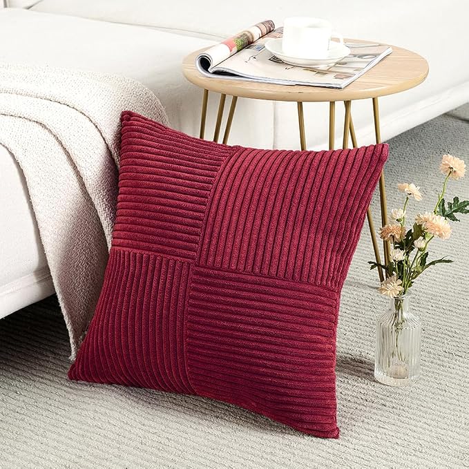 Fancy Homi Burgundy Decorative Throw Pillow Covers 22x22 Inch for Living Room Couch Bed Sofa, Rustic Farmhouse Boho Home Decor, Soft Corss Corduroy Patchwork Accent Cushion Case 55x55 cm