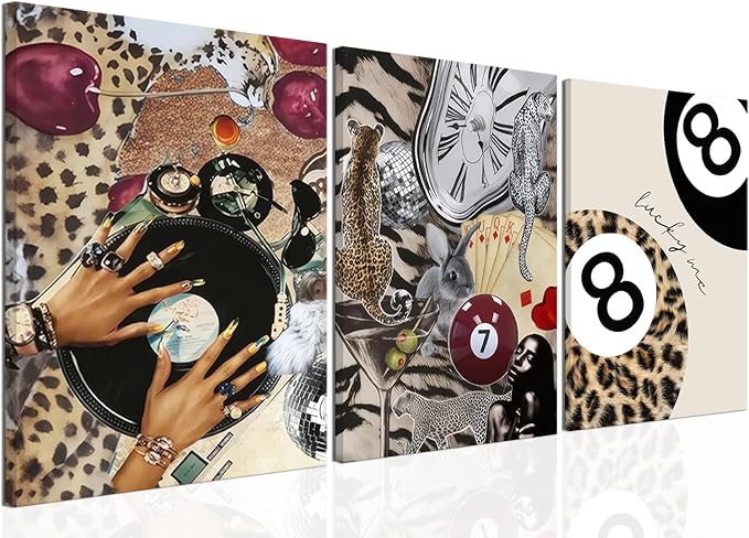 Trendy Leopard Wall Art Set of 3 Cheetah Canvas Aesthetic Wall Decor Funky Black Girl 8 Ball Lucky Poster Prints Pictures Artwork for Bedroom Living Room 12x16 Inch Framed