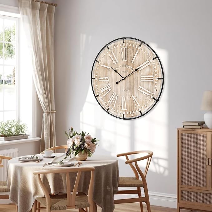 EMAX HOME 30 Inch Extra Large Wall Clock - Farmhouse Rustic Wood & Metal Design Silent Non-Ticking Battery Operated Decorative Oversized Clock for Living Room, Kitchen, Office & Bedroom