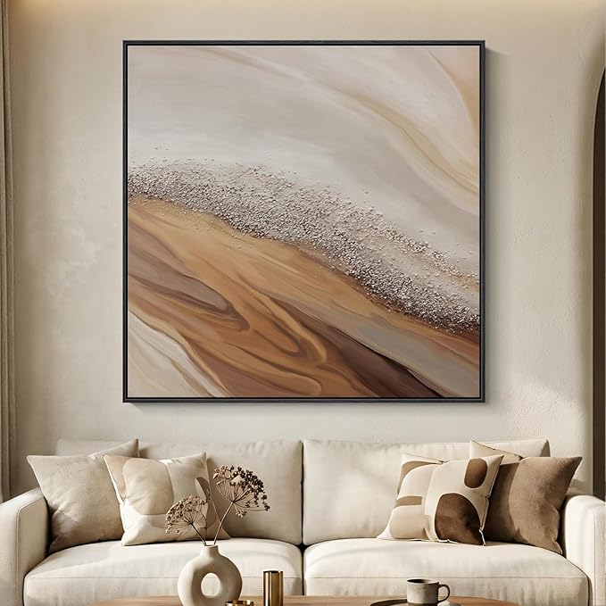 Extra Large Framed Beige Abstract Canvas Wall Art for Living Room, 40x40 In | Oversized, Canvas prints, Abstract pictures, Beige, Square paintings, Earth tone, Living room, Dining room hallway wall decor