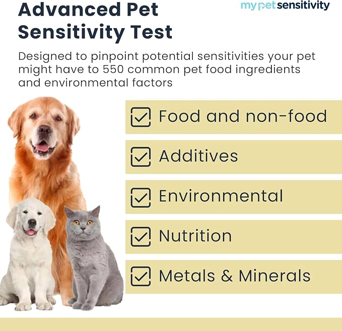 Intolerance Test for Dogs & Cats | 1,100 Items Tested | Hair Sample | Intolerance/Sensitivity test for your pet. Screens 550 food, environmental and nutritional items. Quick results in 3–5 days