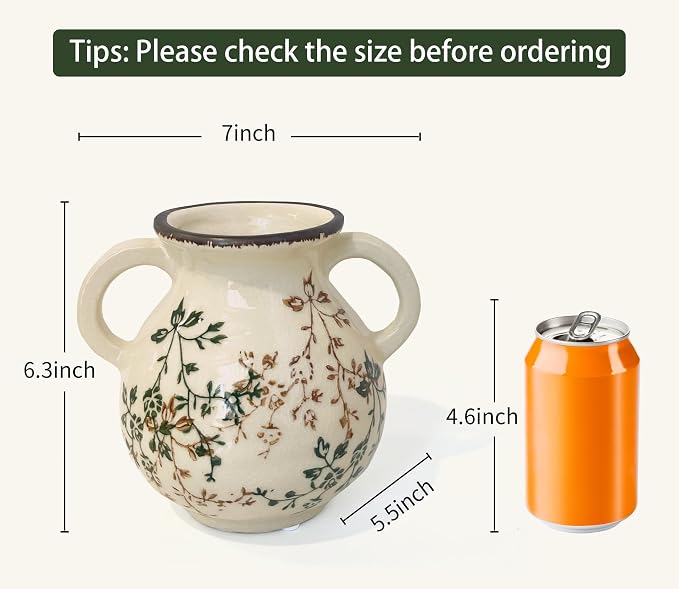 LIFFY Vintage Pastoral Vase with Handles, Retro Ceramic Flower Vase, Green and Beige Rustic Farmhouse Vases Chinoiserie Floral Large Vase for Home Decor, Living Room, Kitchen, Bedroom 6.3 Inch