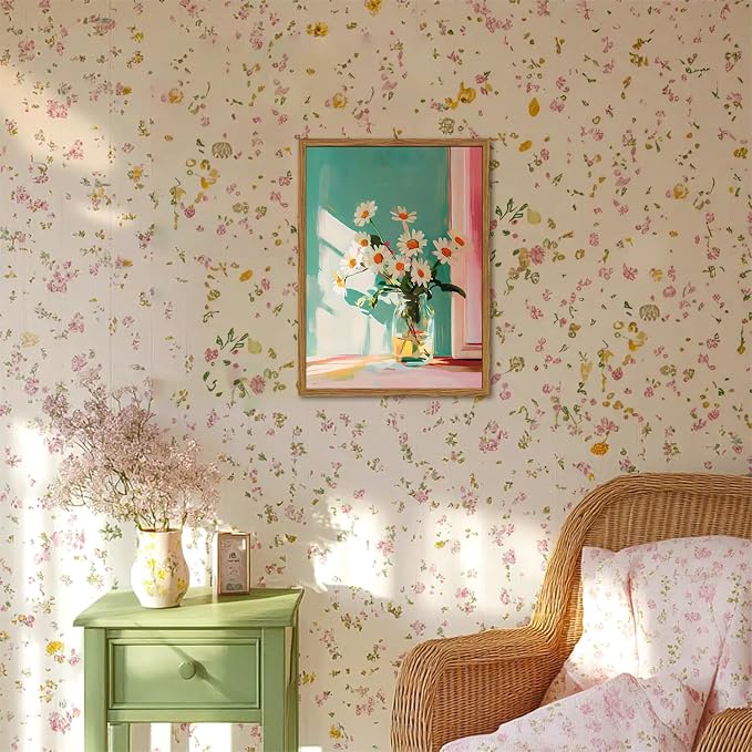 Framed Moody Floral Canvas Wall Art, Vintage Daisy Flower Pictures Wall Decor, Rustic Wildflower Paintings Prints Cottagecore Home Decor for Living Room Bedroom Bathroom 12x16 inch