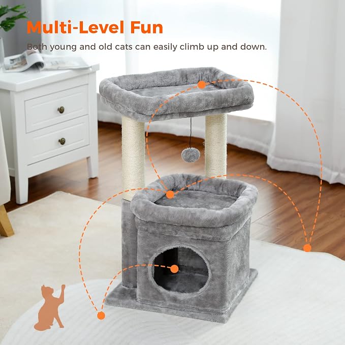 PEQULTI Indoor Cat Tree Tower Small Cats, Sisal Post & Cozy Condo, Grey | Private soft cat condo, soft top perch, natural sisal scratch posts, plush pom-pom toy for indoor kitties