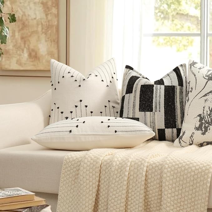 YCOLL Boho Outdoor Throw Pillow Covers 16x16 Set of 2 Neutral Woven Decorative Pillowcases Cotton Tufted Couch Pillows Modern Farmhouse Cushion Covers for Sofa Couch Bed Living Room Home Decor, Black