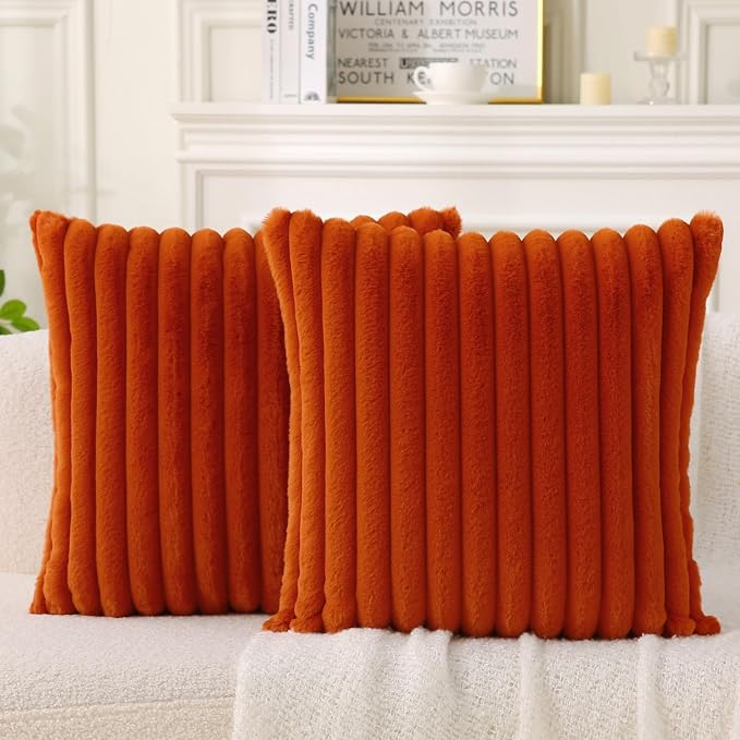 Decorative Throw Pillow with Inserts, Set of 2 Soft Faux Fur Throw Pillows, Square Boho Striped Pillow for Couch, Bed, Sofa Decor (Brownish-Orange, 18" x 18"(Pack of 2))