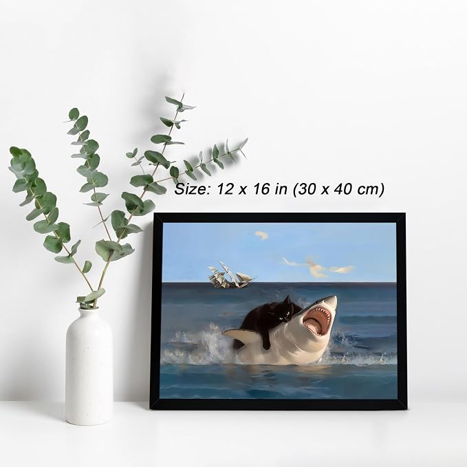 ICHZUMW Framed Funny Black Cat Biting Shark Ocean Canvas Wall Art 12x16 In | Quirky Cat Biting Shark Oil Painting, Humorous Bathroom Wall Decor, Bedroom Bar Man Cave Restroom Powder Room, Ready to Hang