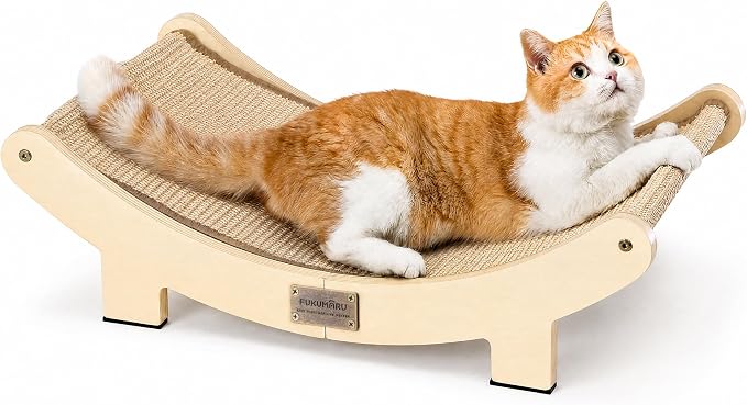 FUKUMARU Extra Large Sisal Cat Scratcher Bed Indoor Sturdy Wood Scratch Bed | 27.4 Inch Large Cat Scratching Bed Scratch Pad, 100% Natural Sisal Cat Hammock, Solid Wood Frame Lounger Chair Sofa