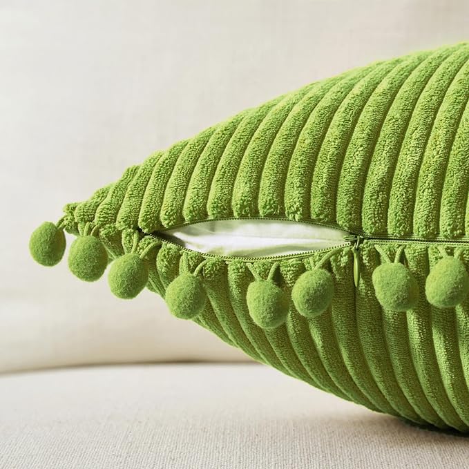 Fancy Homi 2 Packs Lime Green Decorative Throw Pillow Covers 16x16 Inch with Pom poms, Boho Farmhouse Home Decor, Soft Corduroy Accent Square Cushion Case for Living Room Couch Bed Sofa 40x40 cm