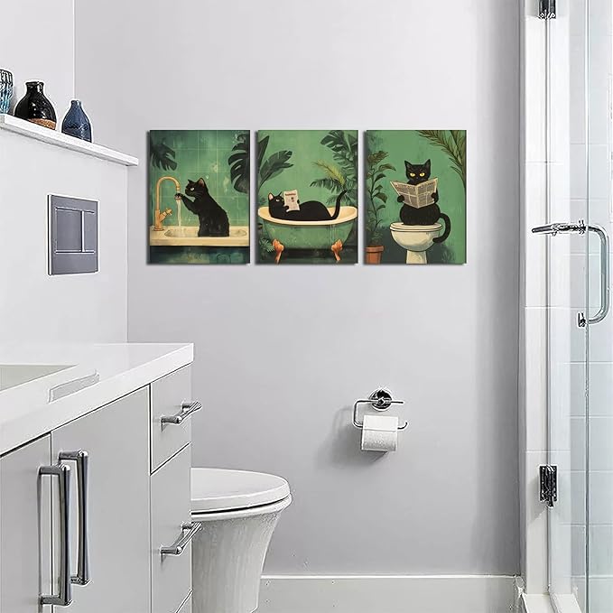Funny Bathroom Black Cat Wall Art Set of 3, Whimsical Animal Bathroom Wall Decor Painting Maximalist Quirky Dark Pet Cat Toilet Canvas Poster Prints Aesthetics, Framed 16x24 inch