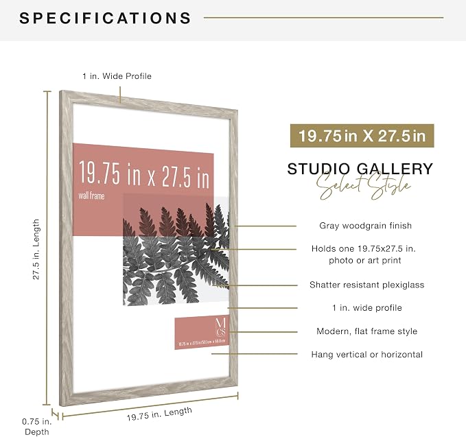 MCS Studio Gallery 19.75x27.5 Poster Frame Grey Woodgrain Engineered Wood, Vertical & Horizontal Wall Hanging Large Picture Frame for Photos, Posters & Art Prints (1-Pack)
