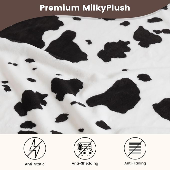Cozy Bliss Cow Print Fuzzy Throw Blanket for Couch - Thick Soft Warm Non Shedding Fleece Blankets for Western Décor Room, for Kids, Women Men Girls, Black & White 50"*60"