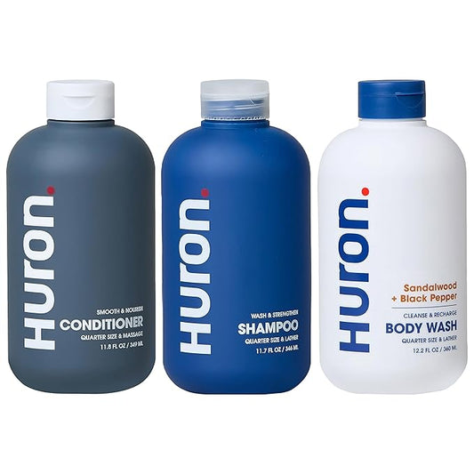 Huron Shower Kit - Shampoo, Conditioner, & Body Wash For Men - Sandalwood + Black Pepper Scent - Hydrating & Nourishing Men's Shampoo & Conditioner