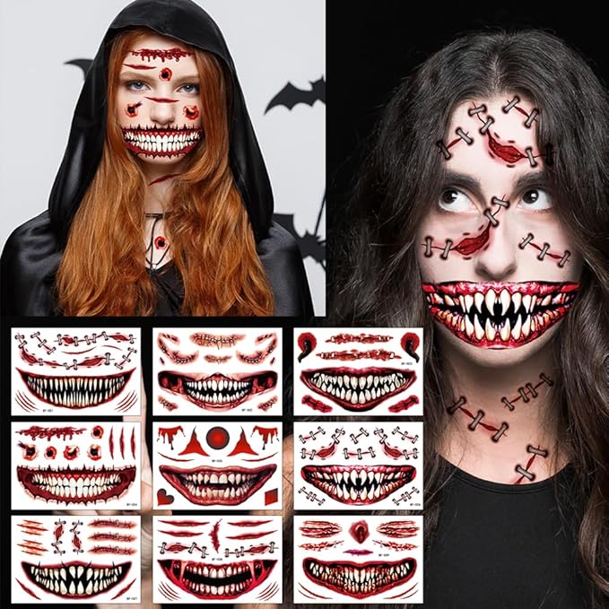 9 Sheets Halloween Tattoos - Halloween Temporary Tattoos, Horrible scar Makeup Fake Face Stickers, Funny scar mouth Face Decals for Adults Women Girls Clown Makeup Kit Party