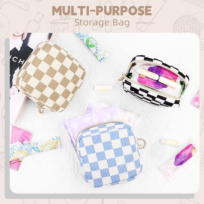 Checkered Period Bag for Teen Girls, Corduroy Sanitary Napkin Storage Bag with Ring Buckle, Cute Menstrual Pad Pouch Tampon Holder for Purse (Checkered-Black)