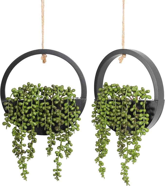 2pcs Artificial Succulents Hanging Plants 12.2'' Fake String of Pearls in Pot with 8.3'' Lanyard for Indoor Outdoor Wall Decor (Black).