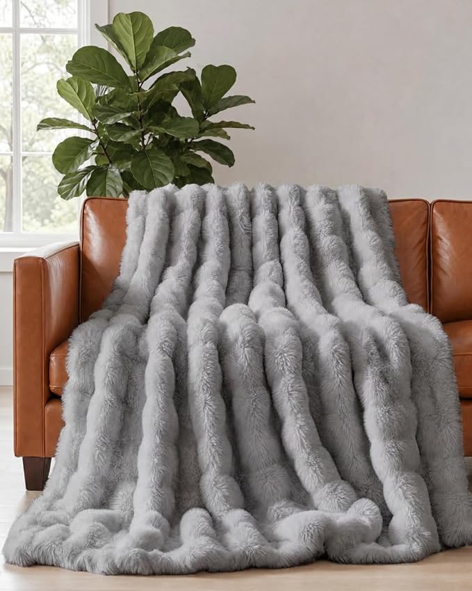 3D Fleece Bubble Blanket Twin Size - Rabbit Blanket - 60" x 80", Grey | Soft Fluffy Faux Fur Blanket for Couch Sofa & Chair, Cozy Gifts for Women, Tie Dye Cloud Throw Bed Cover, Thick Plush Bedding