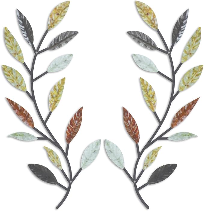 Zhengmy 2 Pcs Metal Leaf Wall Art Vine Branch Decor,Multi Color | Olive Branch Metal Decor for Living Room Hallway, Symmetrical Leaf Pair for Doorway Entryway, Lightweight Hanging Art Design
