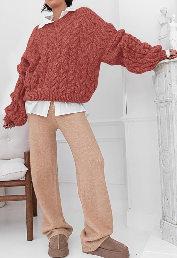 PRETTYGARDEN Womens Sweaters Spring 2026 Cable Knit Long Sleeve Crewneck Oversized Sweater Chunky Pullover Loose Outfits