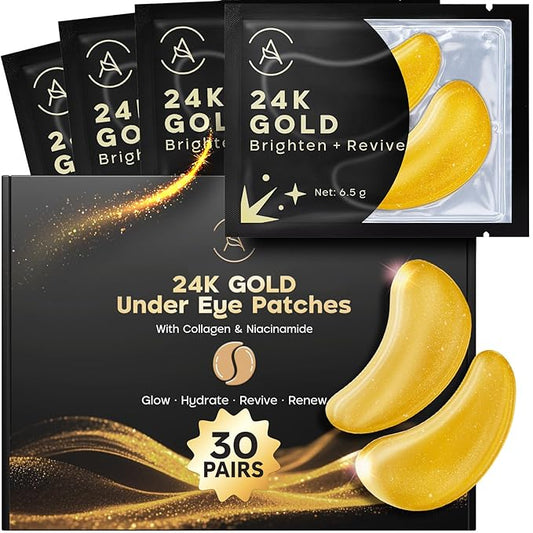 AURAE 24K Gold Under Eye Patches (30 Pairs) - For Dark Circles & Puffiness - Hydrating Eye Mask for a Revitalized Look