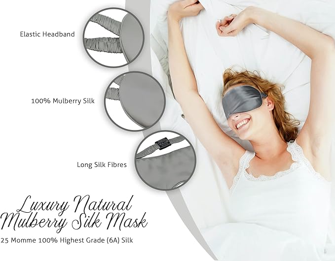 Fusion5 Silk Eye Mask with Elastic Band - 100% Pure Mulberry Sleep Mask - 25 Momme, Anti-Aging, Hypoallergenic, Blocks Light - Soft & Smooth Night Eye Cover for Sleeping & Travel with Box