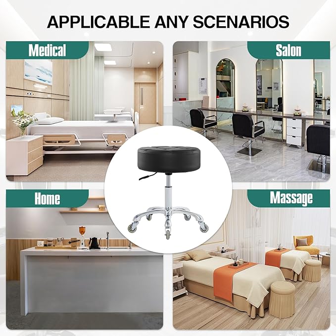 Rolling Stool with Wheels Adjustable Height, Roller Stool for Massage Medical Tattoo Spa Heavy Duty Swivel Desk (Super Thick Cushion, Black)